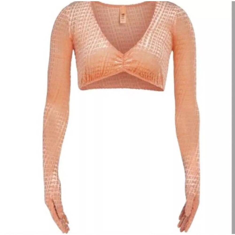 SKIMS Size 4X Velvet Burnout Logo Glove Crop Top Peach BR-TOP-0935 NWT